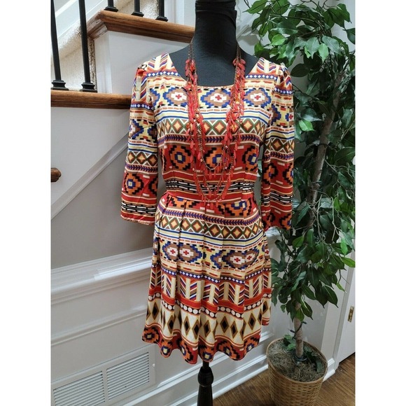 Hello Miss Women Multicolor Polyester Round Neck long Sleeve Knee Length Dress S - Picture 1 of 11